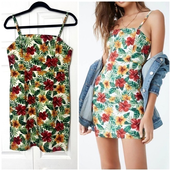 Forever 21 Green Red Hawaiian Floral Tropical Bodycon Tank Mini Dress Size Large - Picture 1 of 5